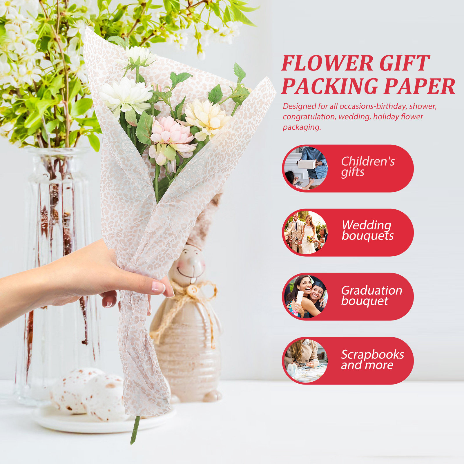 Flower Supply - 20枚入りフラワーラッピングペーパー、プレミアムフローラルギフトラップ、花束、フラワーバスケット、ケーキの包装、DIYクラフト用品に最適