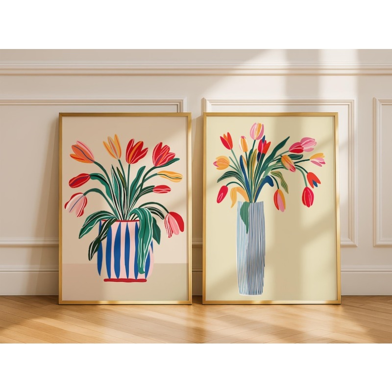 Florist Supply Vases - チューリップの花のキャンバスウォールアート2枚、フレームなしのモダンな花瓶プリント、リビングルームやキッチンの装飾用の大胆な植物アートワーク